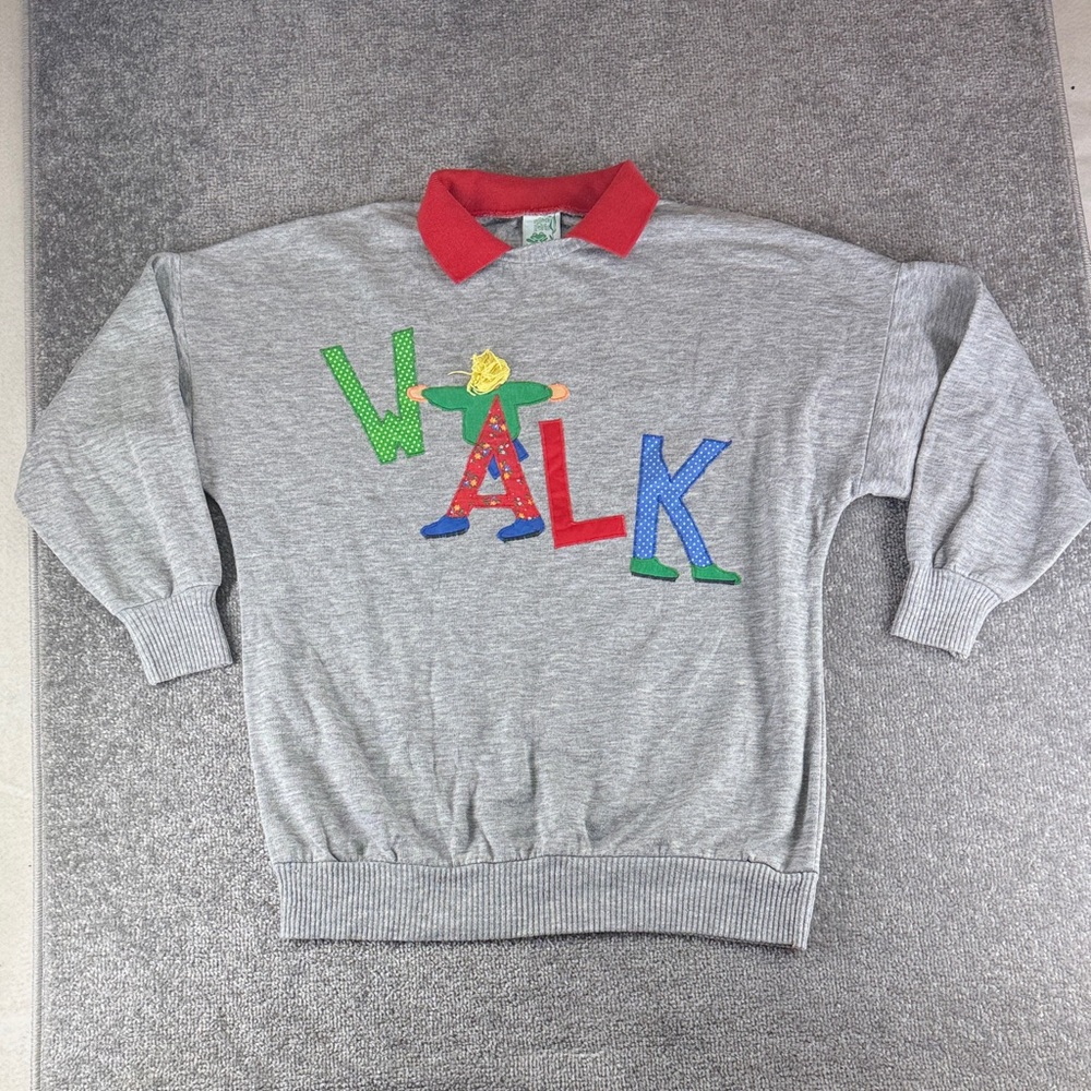Vtg Frog Pond Collared Sweatshirt WALK Appliqué 80 90 Novelty Gray Womens S Gran